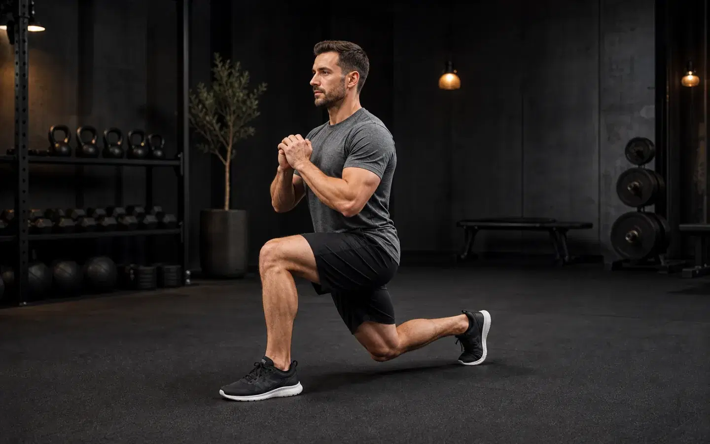 Athlete performing a balanced bodyweight reverse lunge.