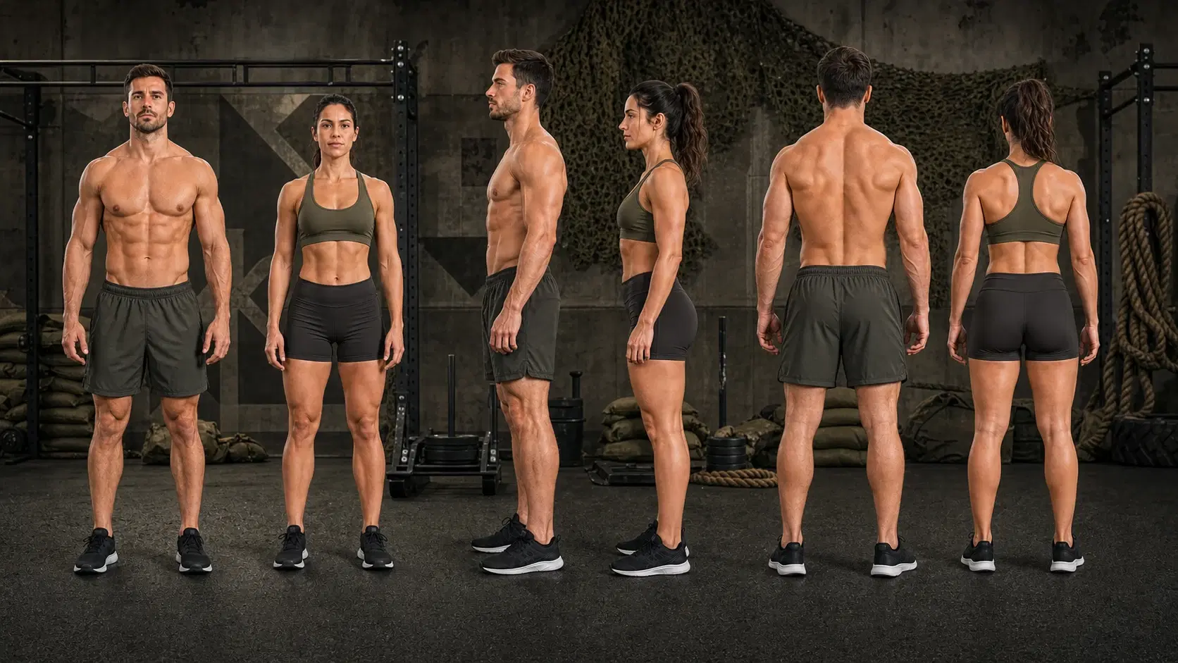 Illustrative front, side, and back views of fit male and female athletes prepared for a demanding military-inspired strength and conditioning challenge.