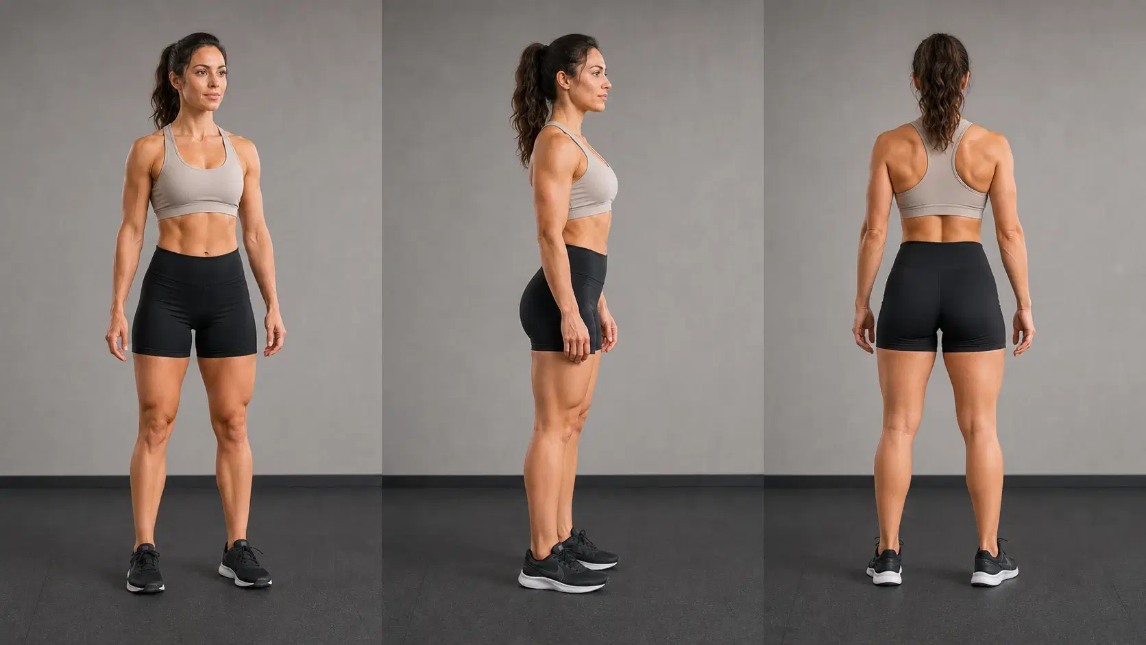 Illustrative front, side, and back views of a naturally athletic female physique emphasizing balanced strength and shape.