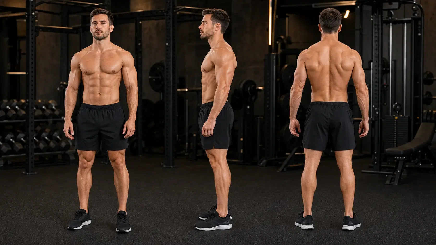 Illustrative front, side, and back views of a muscular male physique representing advanced chest, back, shoulder, arm, and leg development.