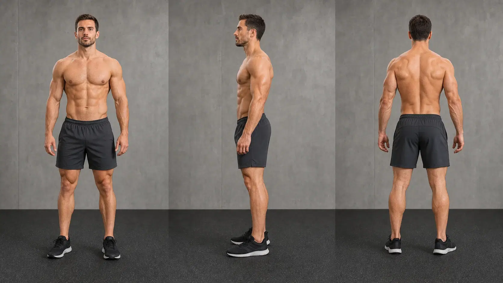 Illustrative front, side, and back views of a naturally athletic male physique emphasizing shoulder and back development.
