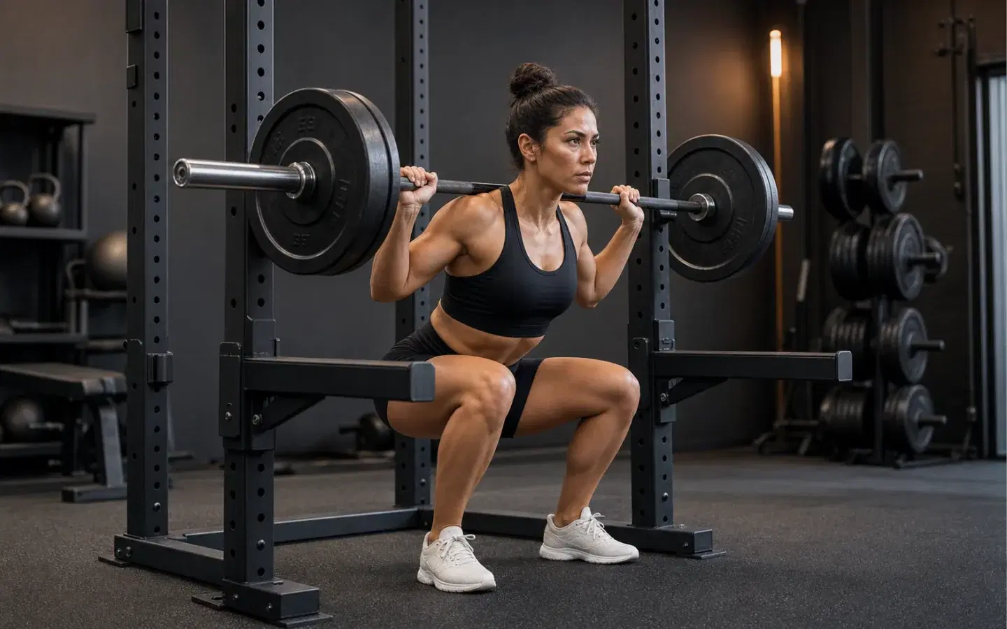 Athlete performing a controlled barbell back squat inside a power rack.