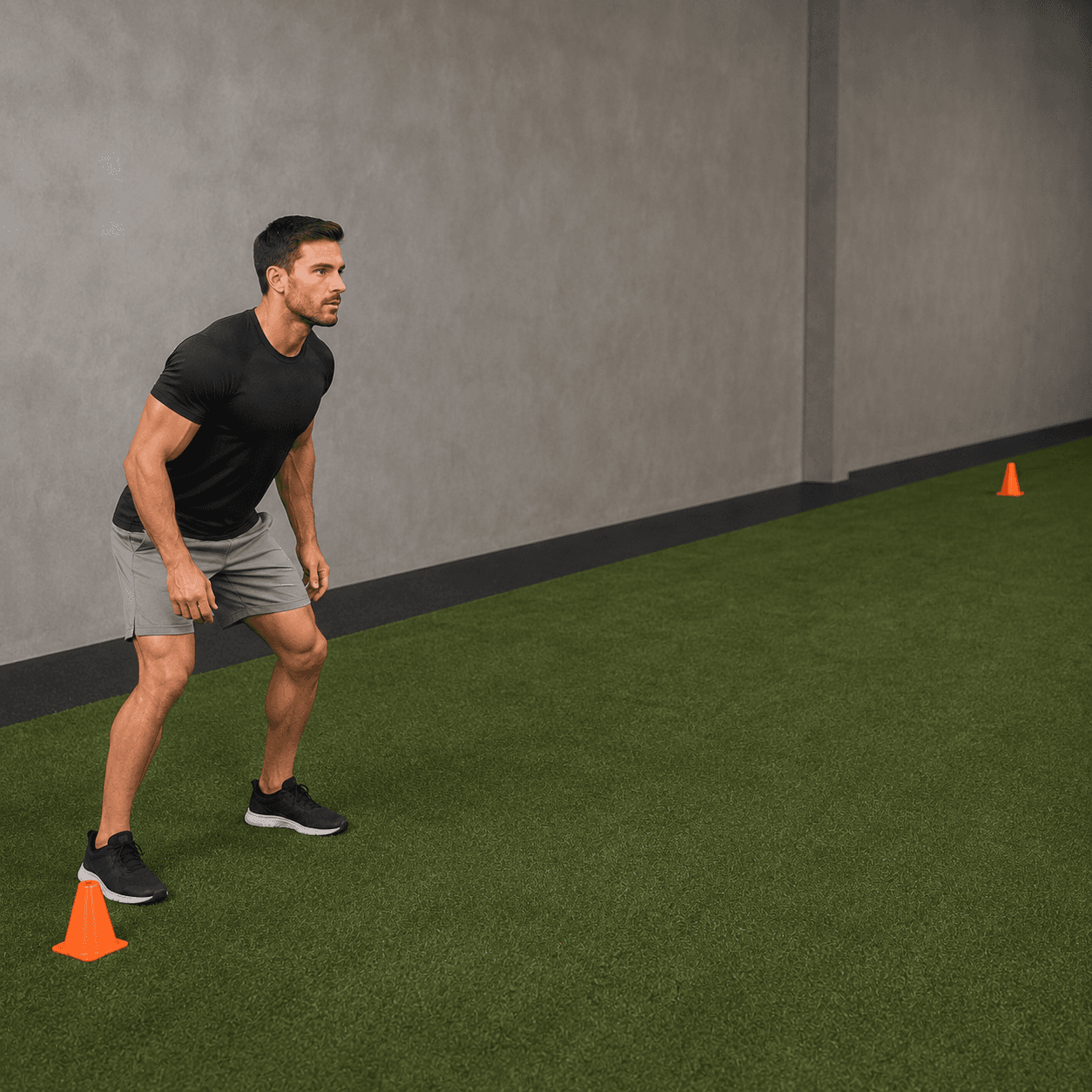 20-Meter Shuttle Run: male athlete, frame 1, athletic ready stance at start cone.