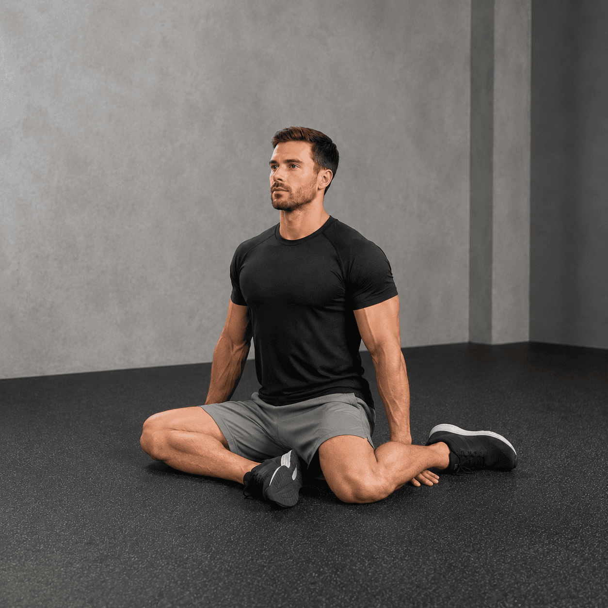 90/90 Hip Switch: male athlete, frame 1, seated tall in the starting 90/90 hip position.