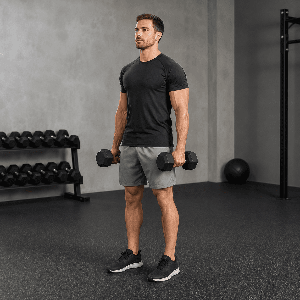 Alternating Dumbbell Curl: male athlete, frame 1, standing setup with dumbbells lowered.